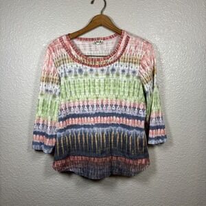 One World Blouse Medium Multicolored Tie Dye Boho Hippie Round Neck